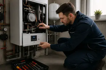Monteur arbeitet an einer Heizungsanlage im Notdienst