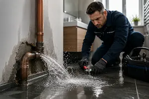 Ein Klempner repariert einen akuten Rohrbuch am Wasserabfluss